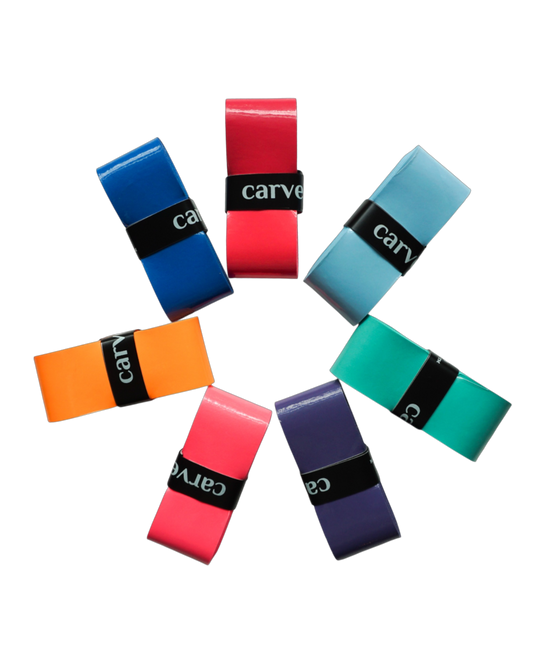 Colorful Carve Sports overgrip with 7 bold shades, high-tack finish, and long-lasting feel—perfect for tennis, pickleball, or any racket sport.