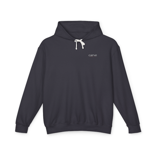 Black Carve Sports Lightweight Hoodie made from 100% ring-spun US cotton with textured weave, relaxed unisex fit, jersey-lined hood, and eco-friendly OEKO-TEX dyes.