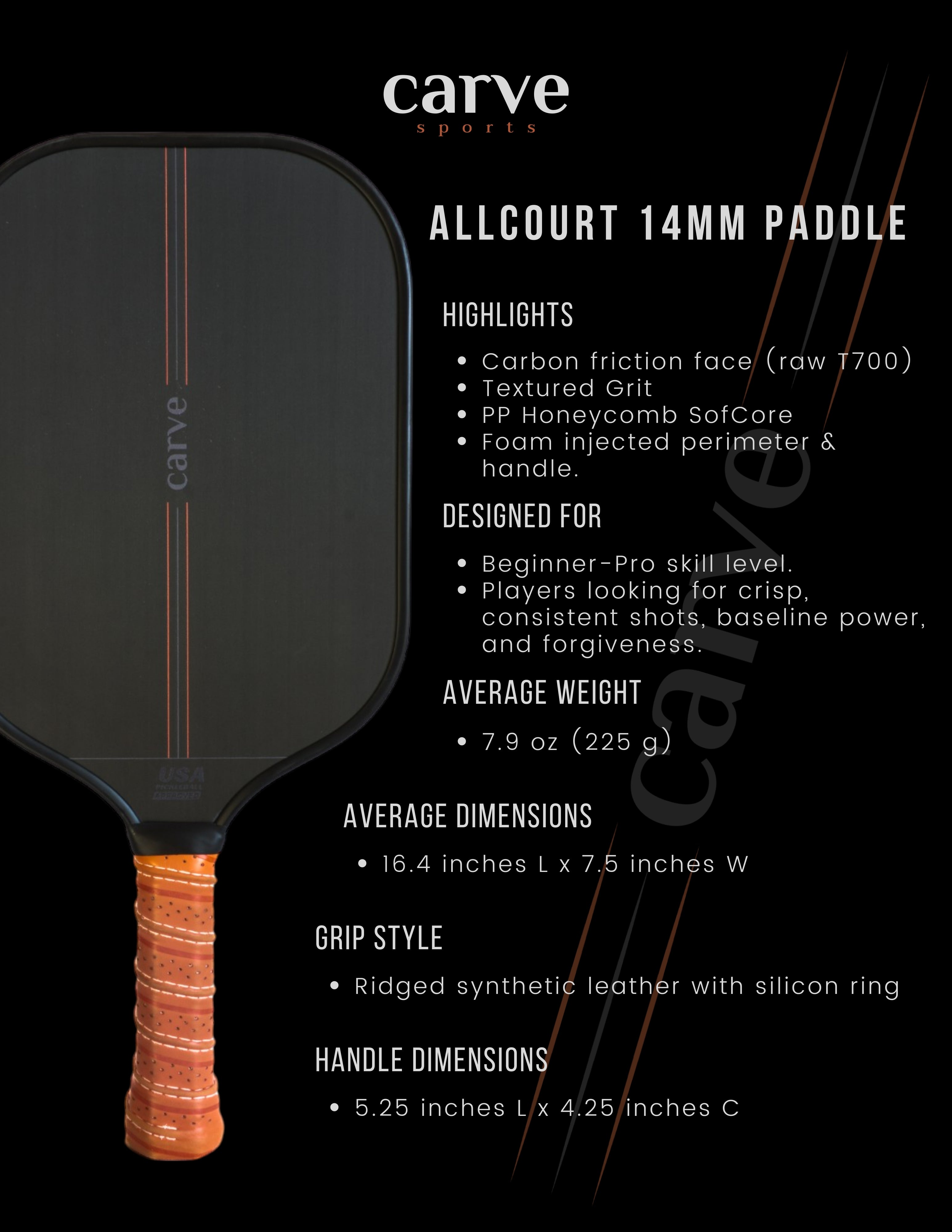 Carve allcourt 14mm pickleball paddle info chart