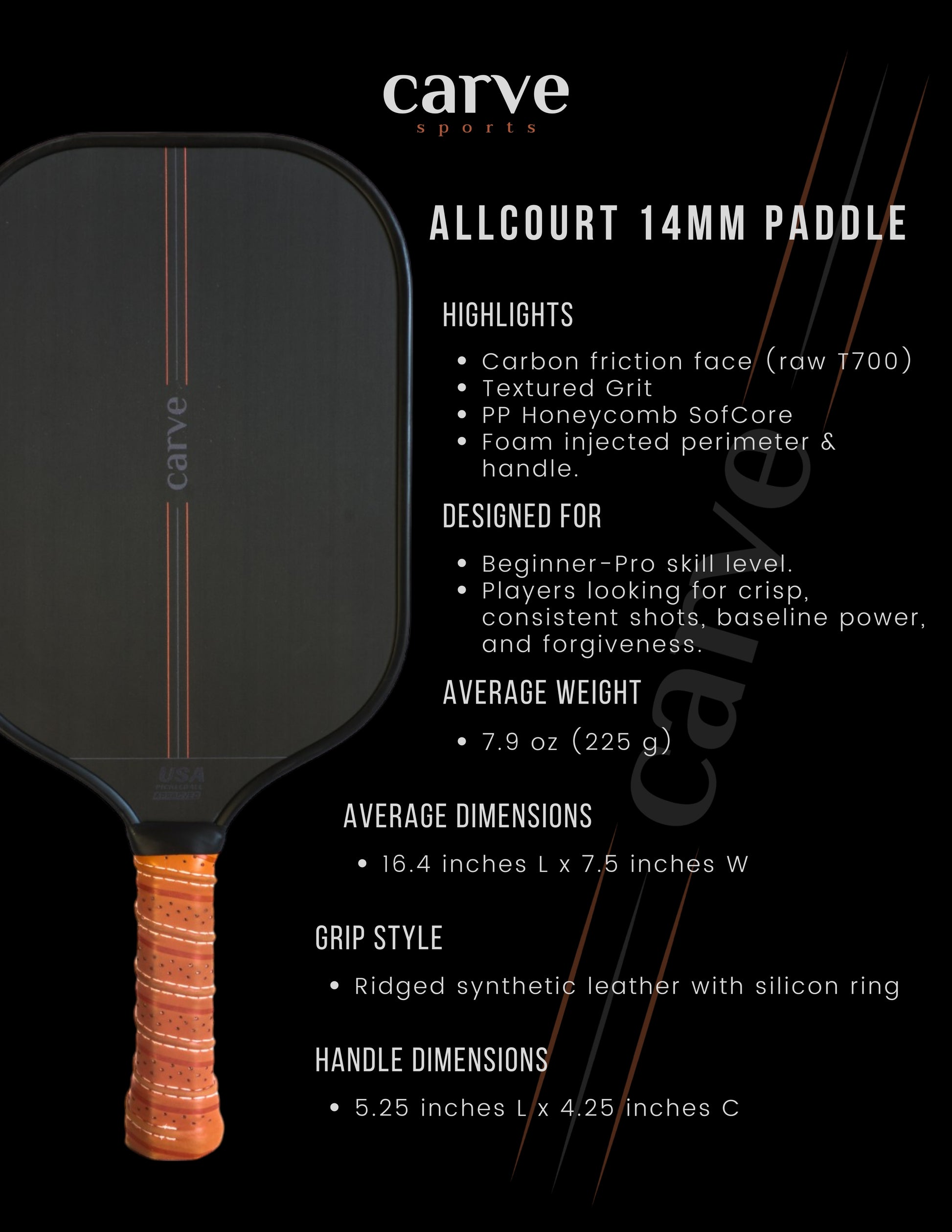 Carve allcourt 14mm pickleball paddle info chart