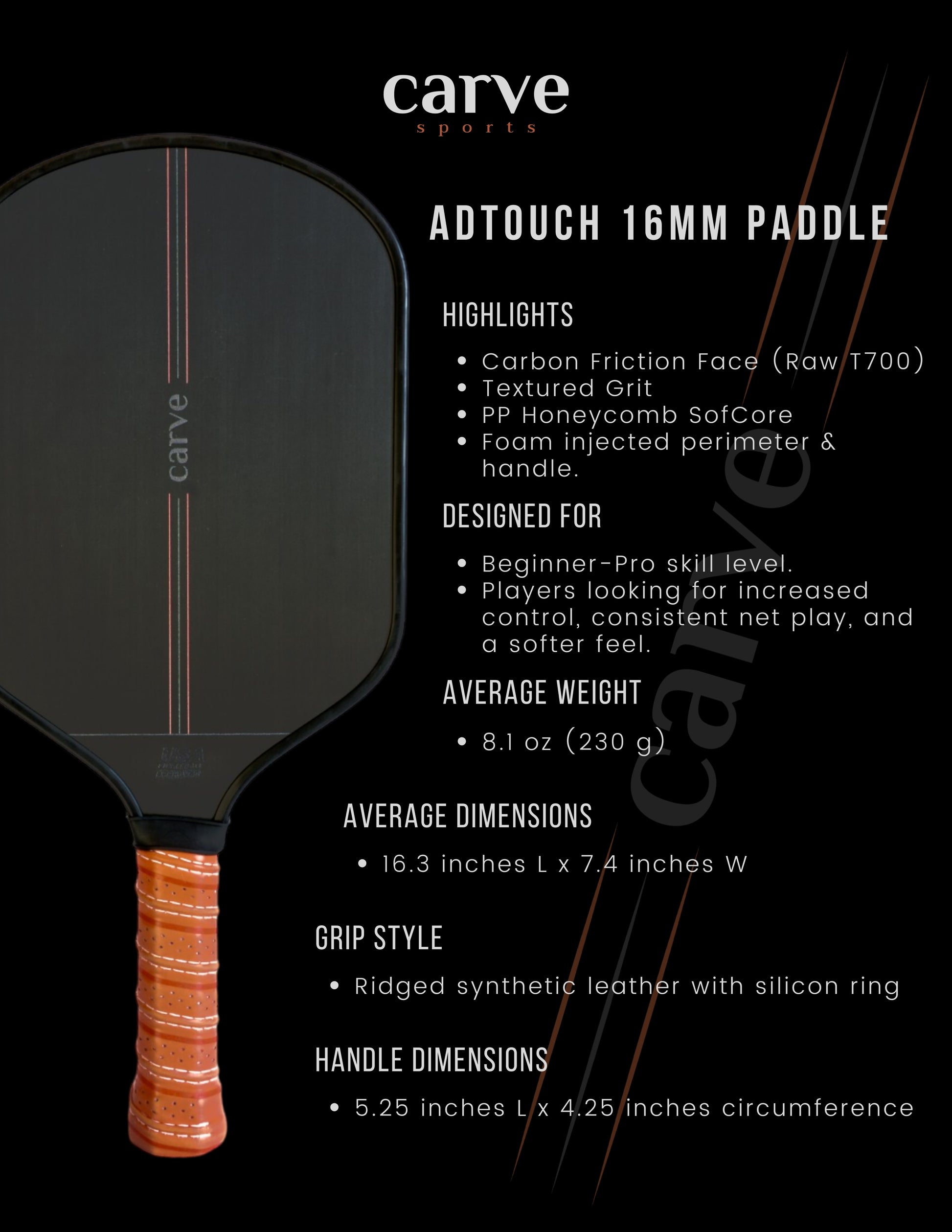 Carve adtouch 16mm pickleball paddle info chart