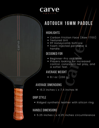 Carve adtouch 16mm pickleball paddle info chart