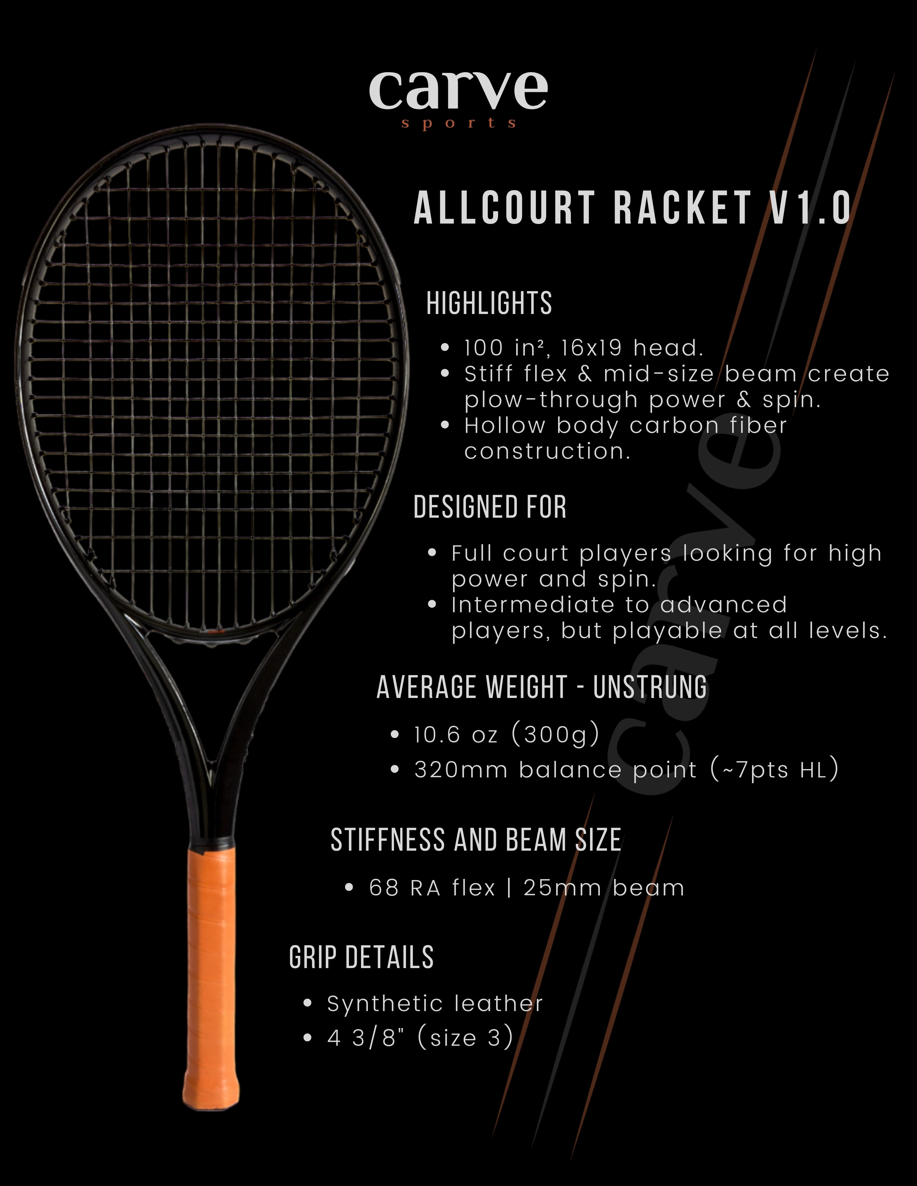 Carve AllCourt 100 Tennis racket info chart