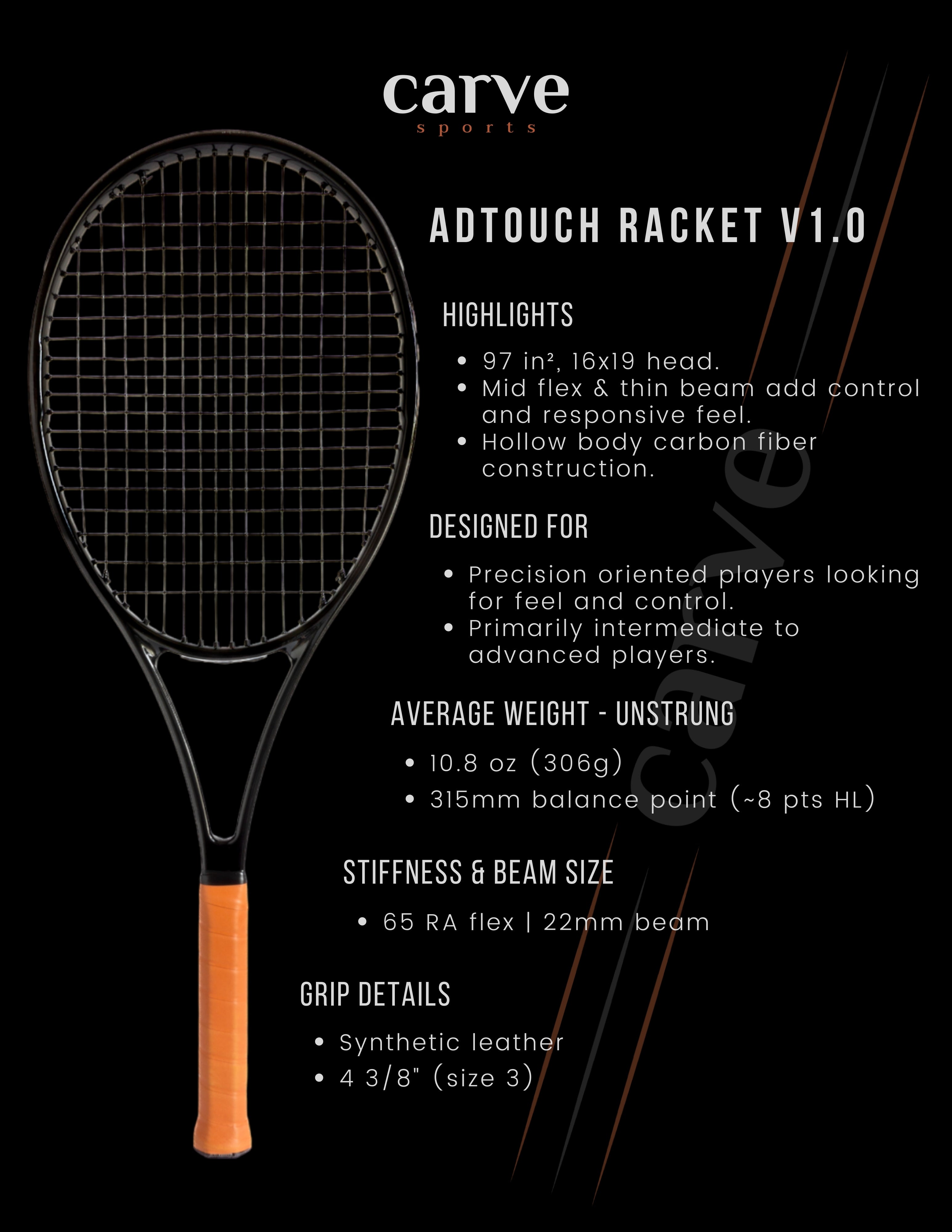 Carve adtouch 97 tennis racket info chart