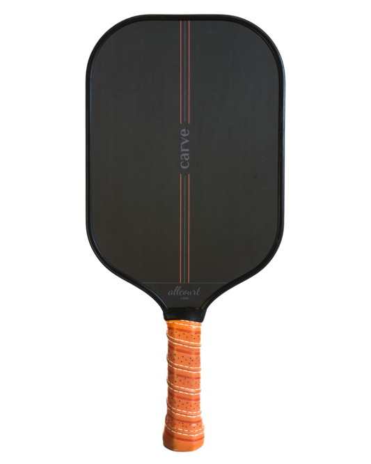 Carve Sports AllCourt Paddle, 7.9 oz with triple-layer raw carbon face, 6mm polypropylene core, thermoformed foamed perimeter, and ridged synthetic leather grip for power and precision.