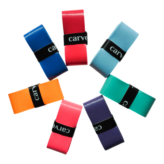 Colorful Carve Sports overgrip with 7 bold shades, high-tack finish, and long-lasting feel—perfect for tennis, pickleball, or any racket sport.