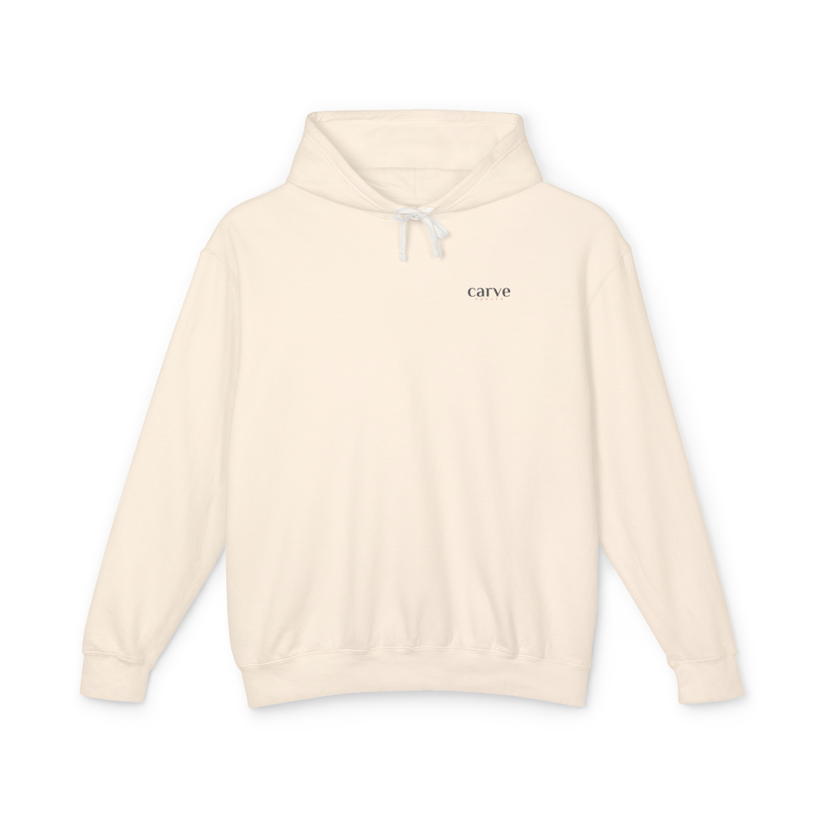 Ivory Carve Sports Lightweight Hoodie made from 100% ring-spun US cotton with textured weave, relaxed unisex fit, jersey-lined hood, and eco-friendly OEKO-TEX dyes.