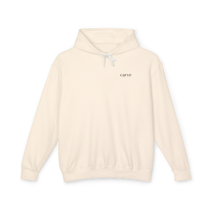 Ivory Carve Sports Lightweight Hoodie made from 100% ring-spun US cotton with textured weave, relaxed unisex fit, jersey-lined hood, and eco-friendly OEKO-TEX dyes.
